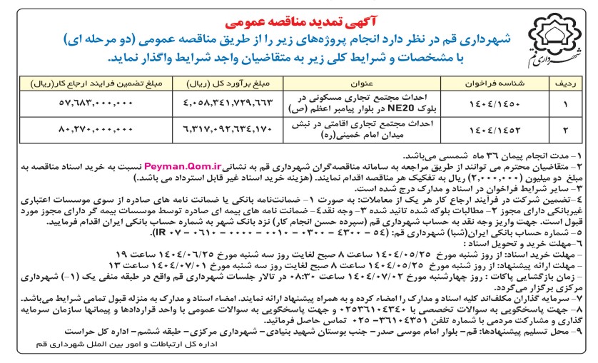 تمدید آگهی فراخوان عمومی برای جذب سرمایه‌گذار برای مشارکت در ساخت مجتمع‌های تجاری–مسکونی